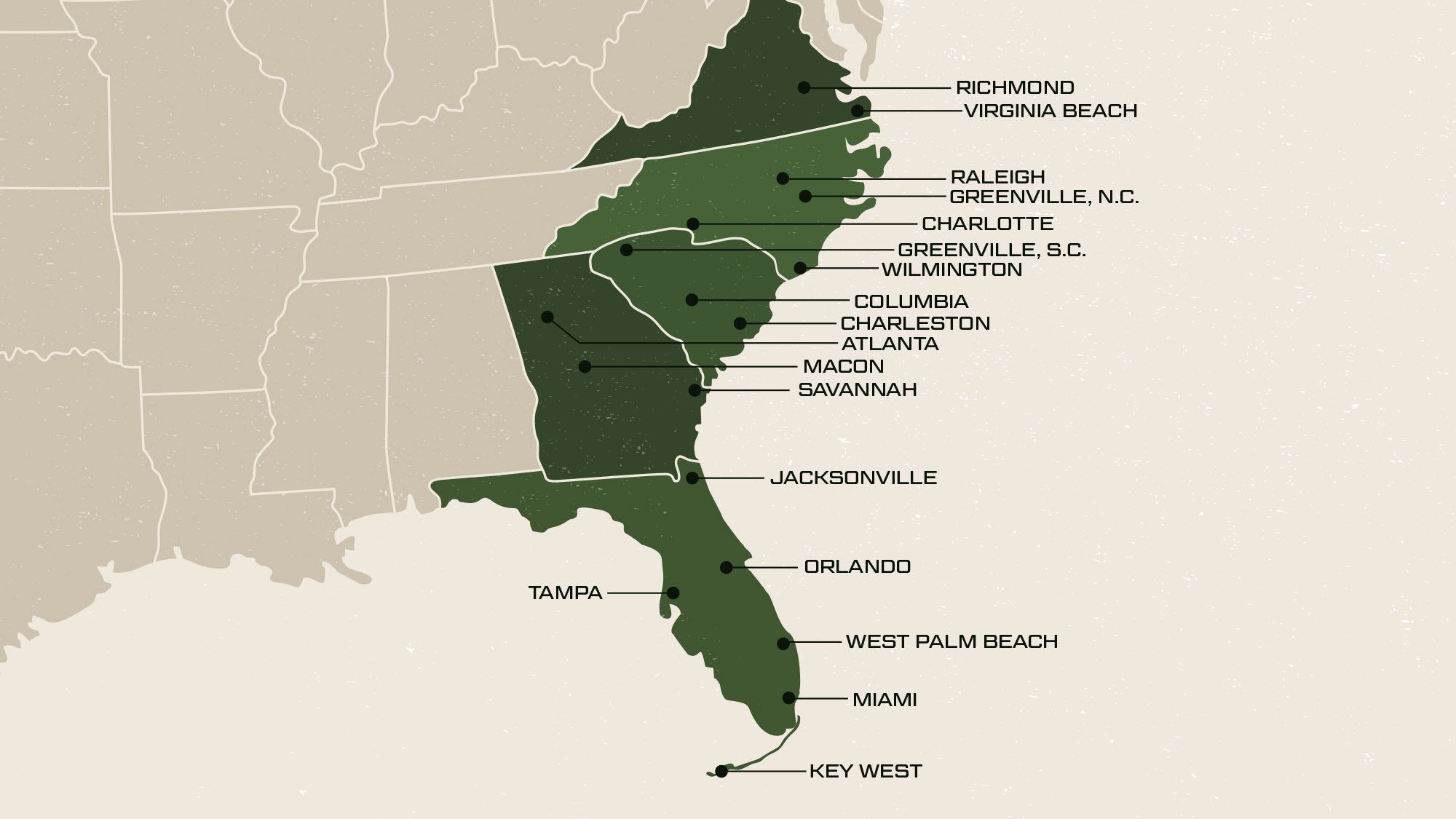 Map of locations though-out Southeast